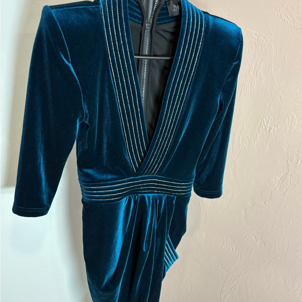 Zhivago Teal Velvet V-Neck Draped Midi Dress - Picture 3 of 8